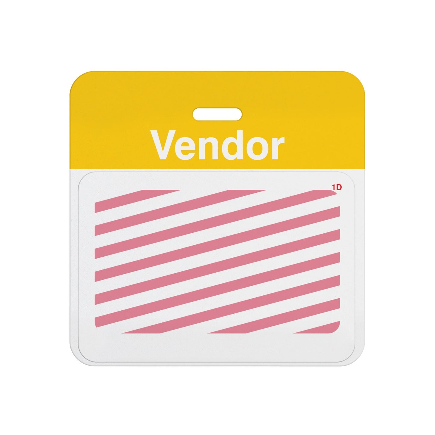 Expired self-expiring vendor badge showing red diagonal stripes across the white front, T5937A back assembled with T6151 one-day front