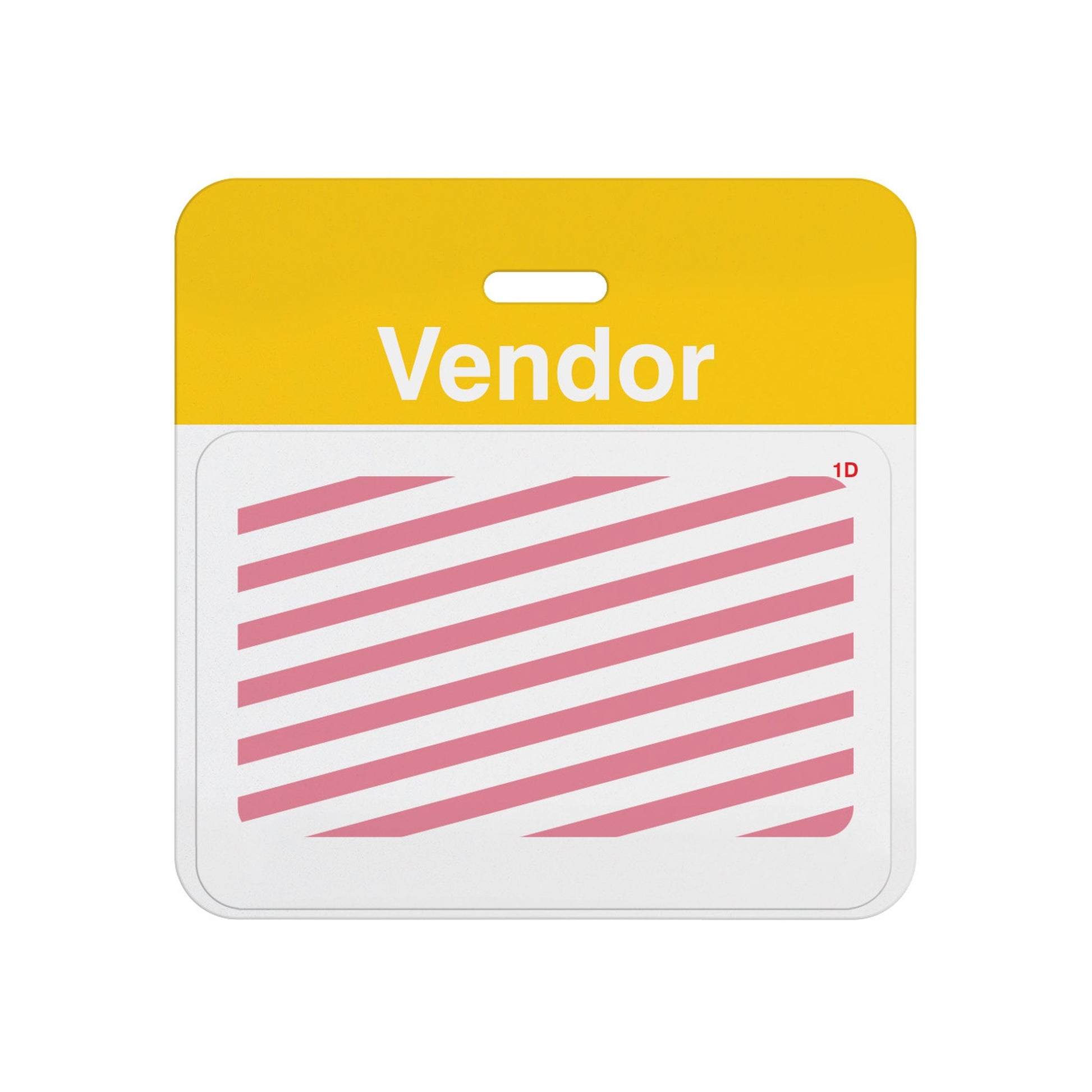 Expired self-expiring vendor badge showing red diagonal stripes across the white front, T5937A back assembled with T6151 one-day front