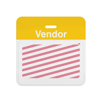Expired self-expiring vendor badge showing red diagonal stripes across the white front, T5937A back assembled with T6151 one-day front