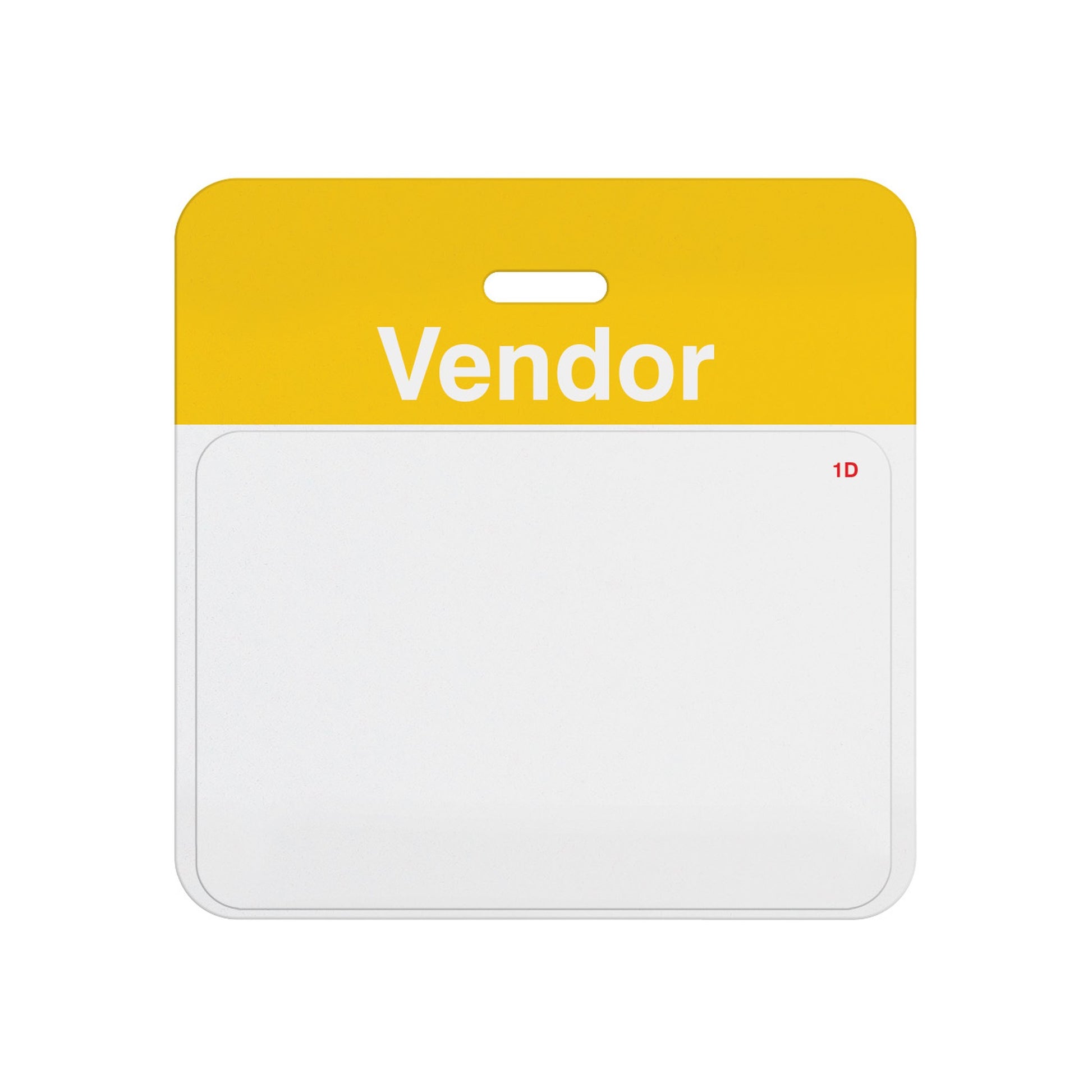 Valid self-expiring vendor badge with yellow VENDOR header bar and blank white one-day front, T5937A back assembled with T6151 front