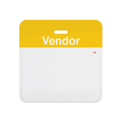 Valid self-expiring vendor badge with yellow VENDOR header bar and blank white one-day front, T5937A back assembled with T6151 front