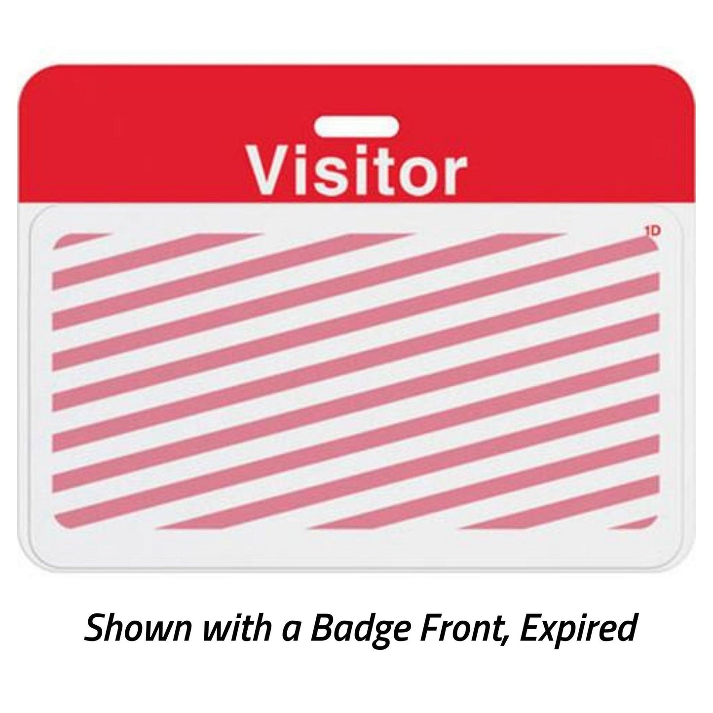 Expired large self-expiring visitor badge with red Visitor header bar and red diagonal stripes across the badge front, shown with a badge front, part T5913AL
