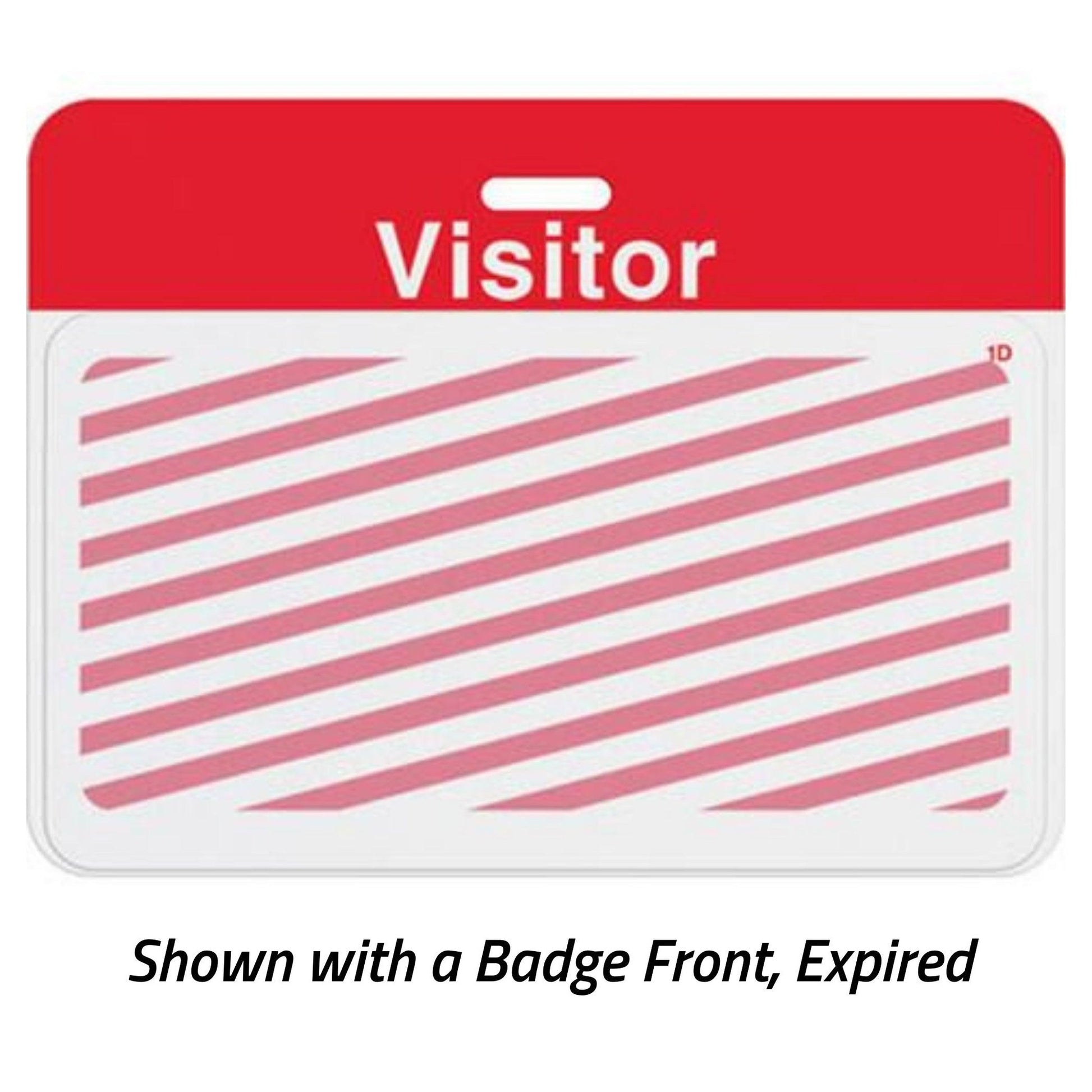 Expired large self-expiring visitor badge with red Visitor header bar and red diagonal stripes across the badge front, shown with a badge front, part T5913AL