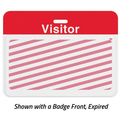 Expired large self-expiring visitor badge with red Visitor header bar and red diagonal stripes across the badge front, shown with a badge front, part T5913AL
