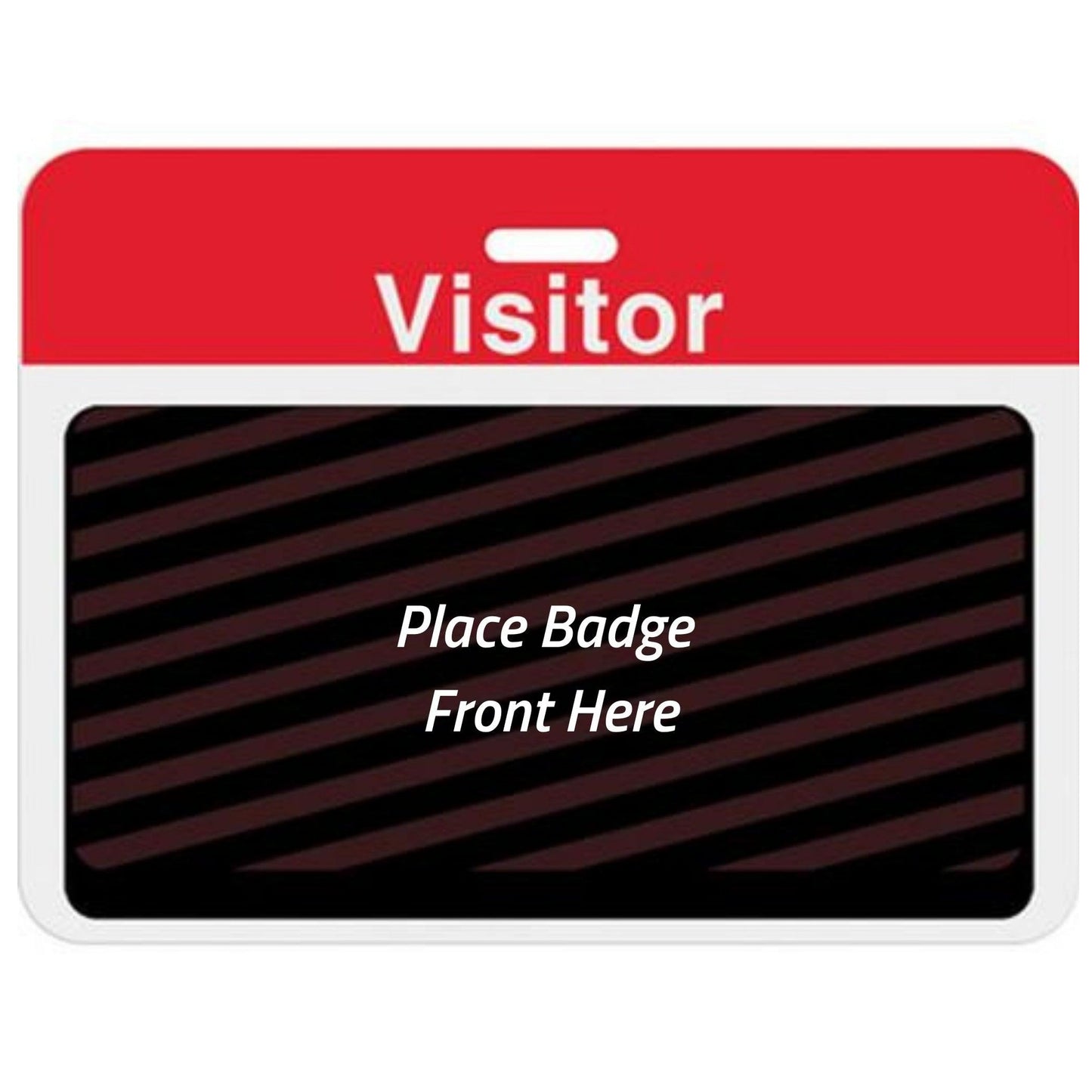 Large self-expiring visitor badge back with red Visitor header bar, slot punch, and black backing printed Place Badge Front Here, part T5913AL