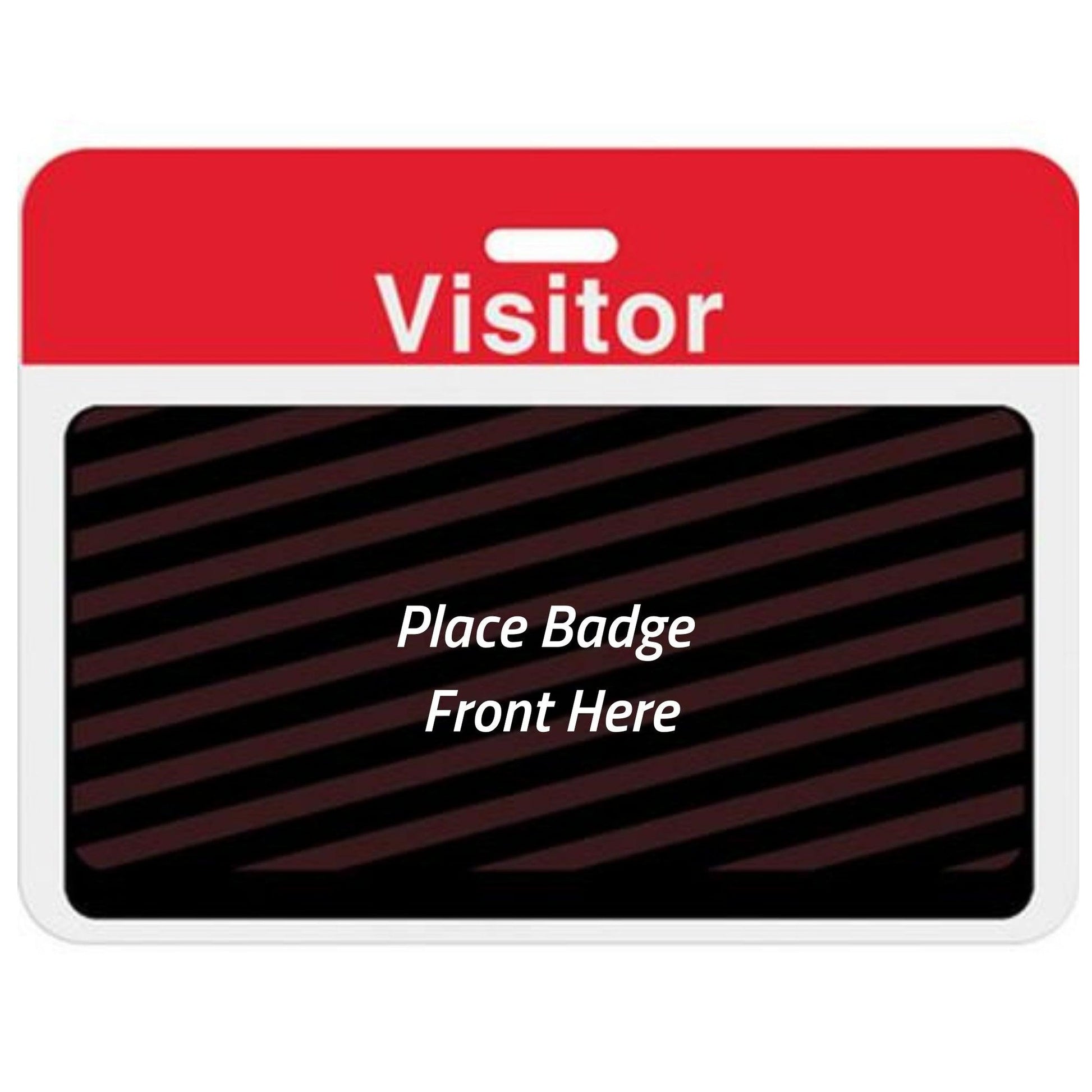 Large self-expiring visitor badge back with red Visitor header bar, slot punch, and black backing printed Place Badge Front Here, part T5913AL