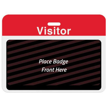 Large self-expiring visitor badge back with red Visitor header bar, slot punch, and black backing printed Place Badge Front Here, part T5913AL