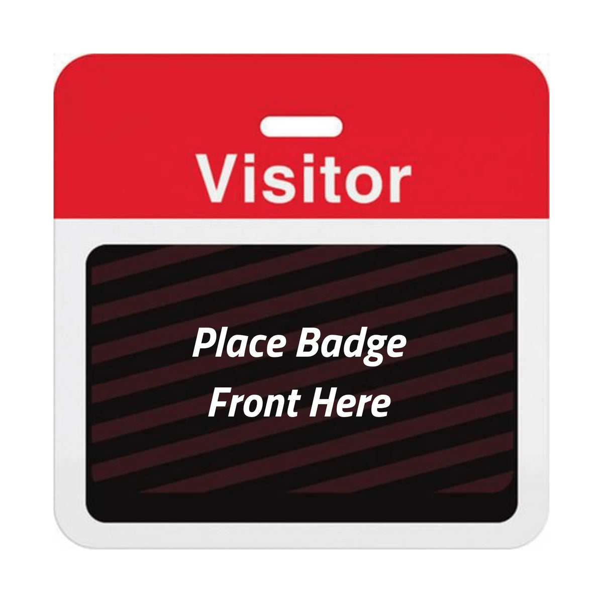 Self-expiring visitor badge back with red Visitor header bar, slot punch, and black backing printed Place Badge Front Here, part T5913A