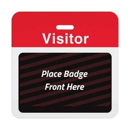 Self-expiring visitor badge back with red Visitor header bar, slot punch, and black backing printed Place Badge Front Here, part T5913A