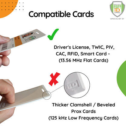 Image depicting two hands holding different types of cards. A green checkmark indicates that a flat card, compatible with Driver’s License, TWIC, PIV, and more, is suitable for the Black EK Patriot Shielded RFID Blocking Two Card ID Badge Holder (10916) by EK USA. A red X denotes that a thicker clamshell prox card is not ideal for this shielded ID badge holder.