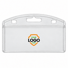 Straight-on clear SPID-1200 half-card badge holder with an orange, green and black Your Logo Here shield printed on the front.