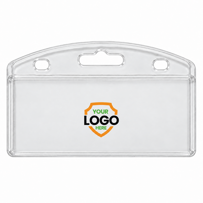 Straight-on clear SPID-1200 half-card badge holder with an orange, green and black Your Logo Here shield printed on the front.
