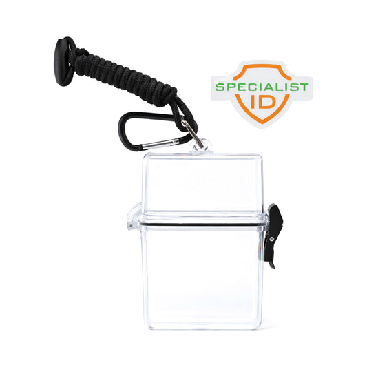 Clear waterproof ID badge holder case (SPID-1690) with braided neck cord, carabiner and Specialist ID tag