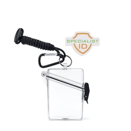 Clear waterproof ID badge holder case (SPID-1690) with angled lid, braided neck cord, carabiner and Specialist ID tag