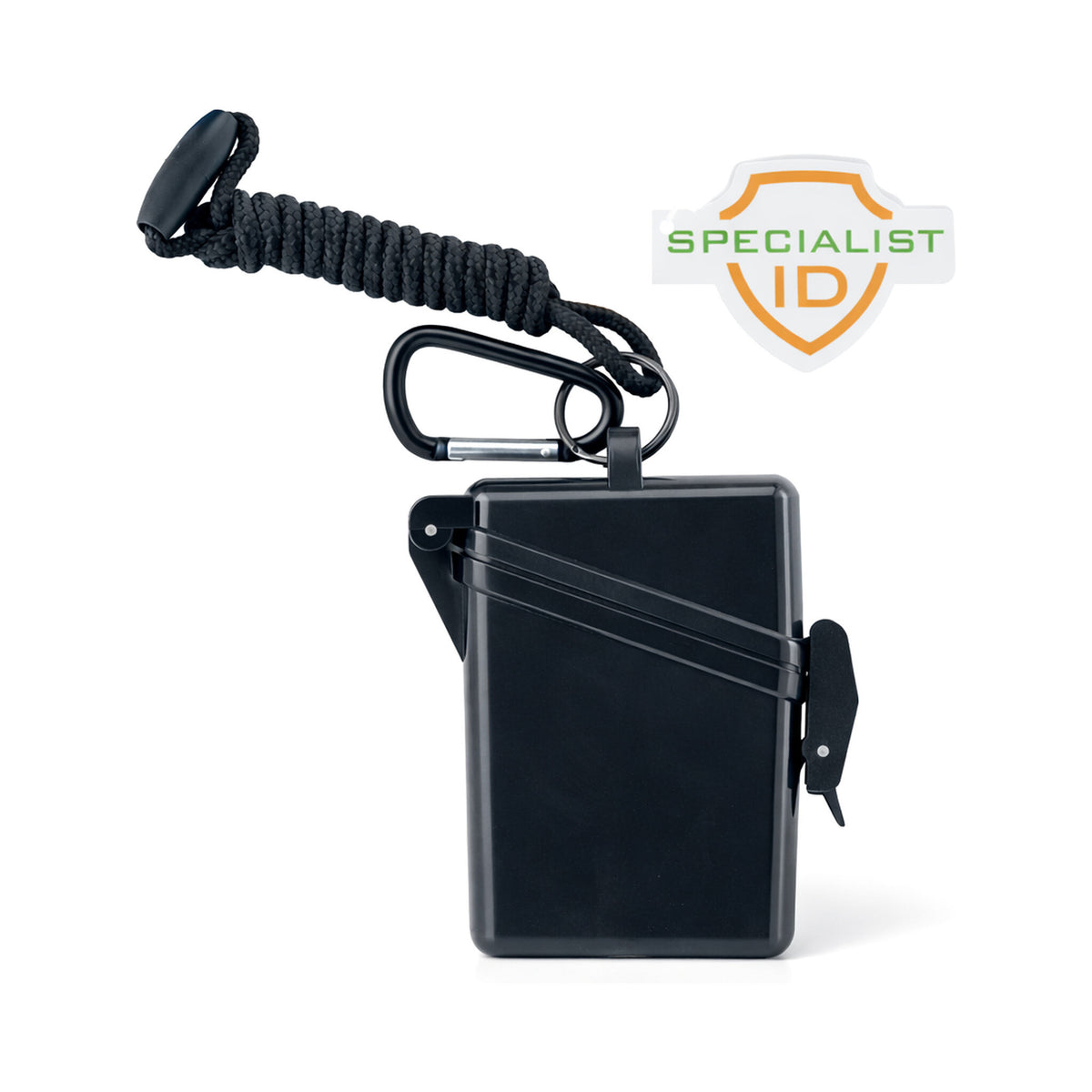 SPID-1790-BLACK Black - Black waterproof ID sport case (SPID-1790) with braided neck cord, carabiner and Specialist ID tag
