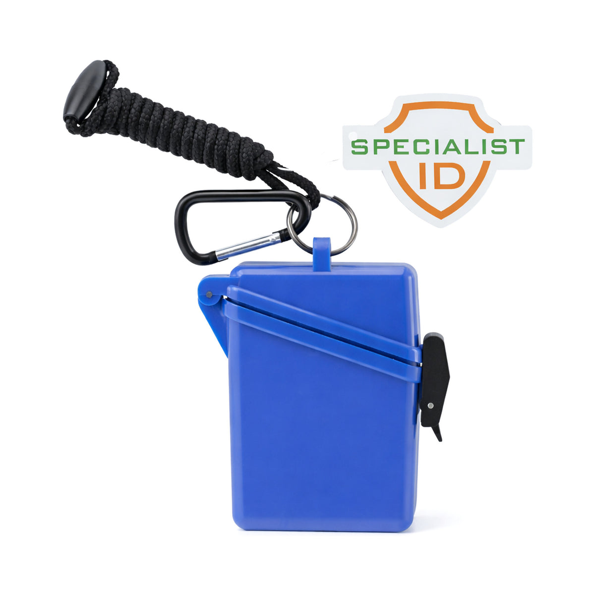 SPID-1790-BLUE Blue - Blue waterproof ID sport case (SPID-1790) with braided neck cord, carabiner and Specialist ID tag