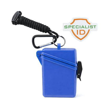 SPID-1790-BLUE Blue - Blue waterproof ID sport case (SPID-1790) with braided neck cord, carabiner and Specialist ID tag