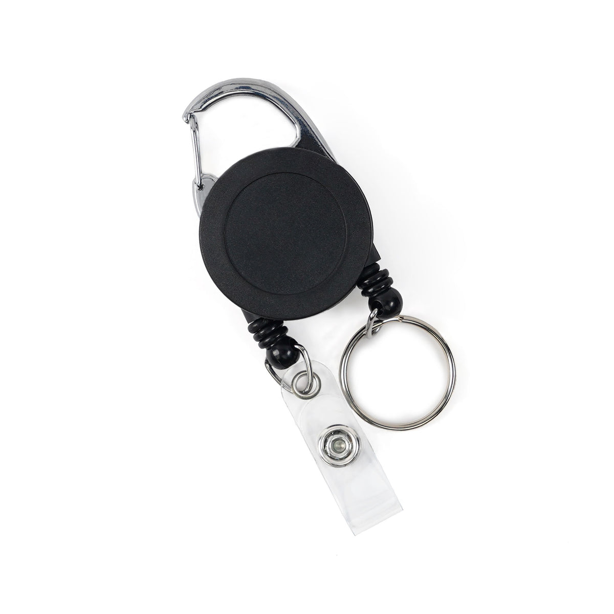 Black dual retractable carabiner badge reel with a clear vinyl ID strap and a split key ring