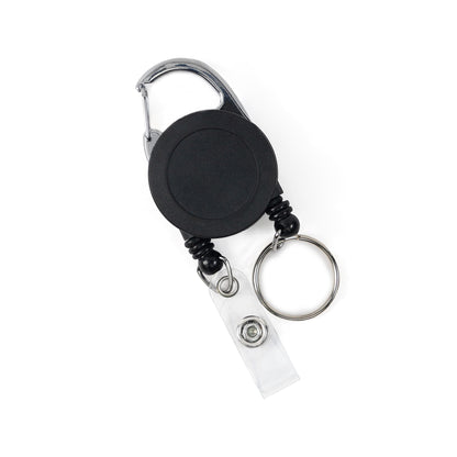 Black dual retractable carabiner badge reel with a clear vinyl ID strap and a split key ring