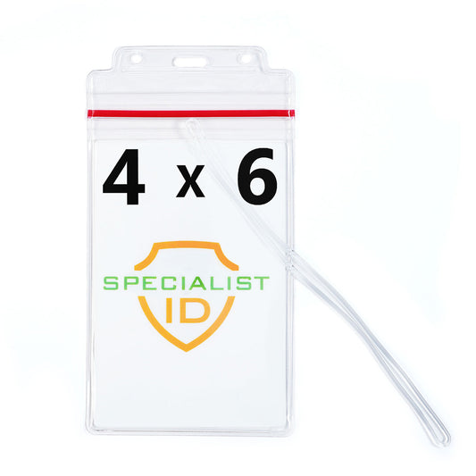 Extra Large Luggage Tags: clear plastic holders with red zip seals, 4x6 inch label inserts, and plastic loop attachments, perfect as cruise ship ID tags.