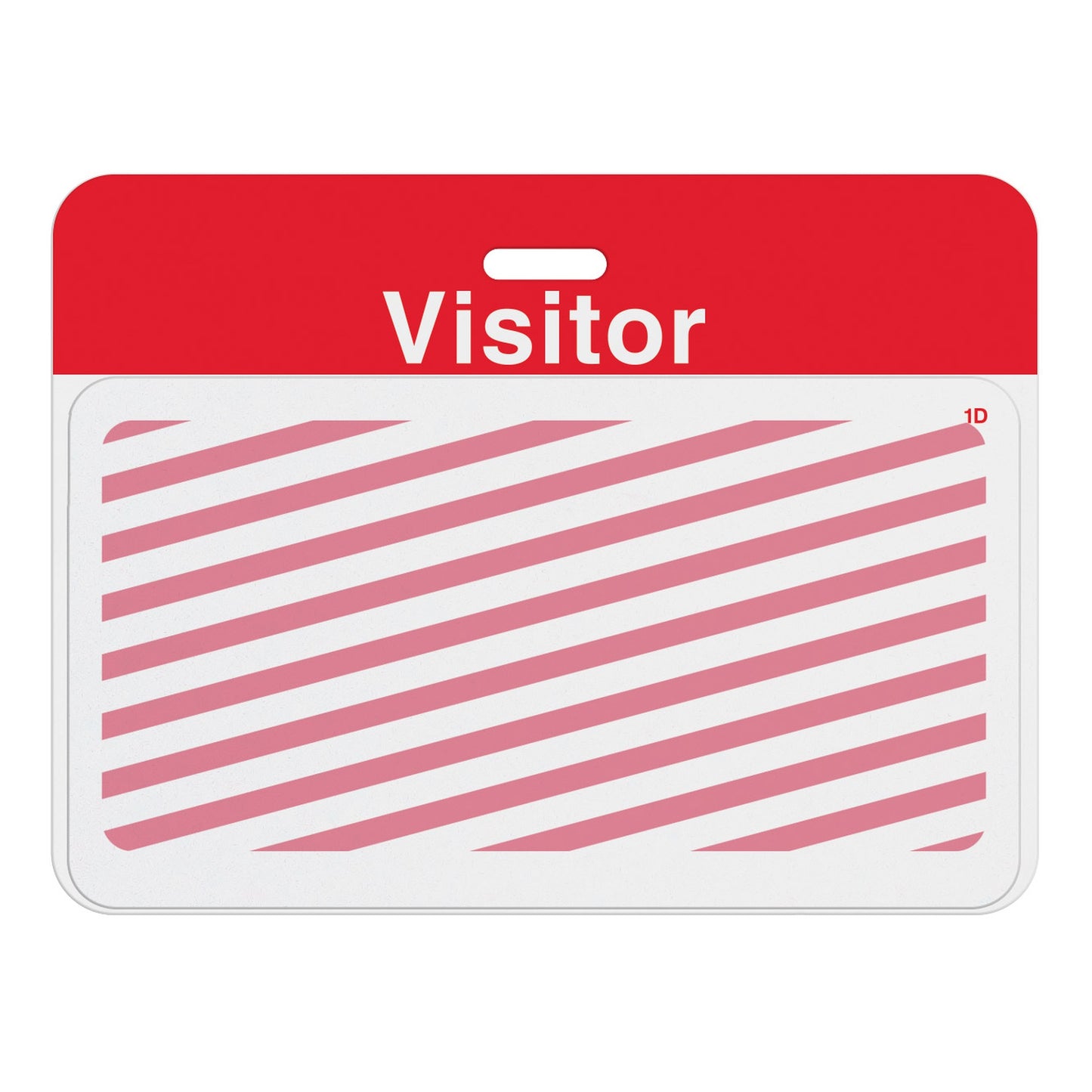 Expired large one-day expiring badge front T6151L showing red diagonal stripes, assembled on a red VISITOR self-expiring badge back