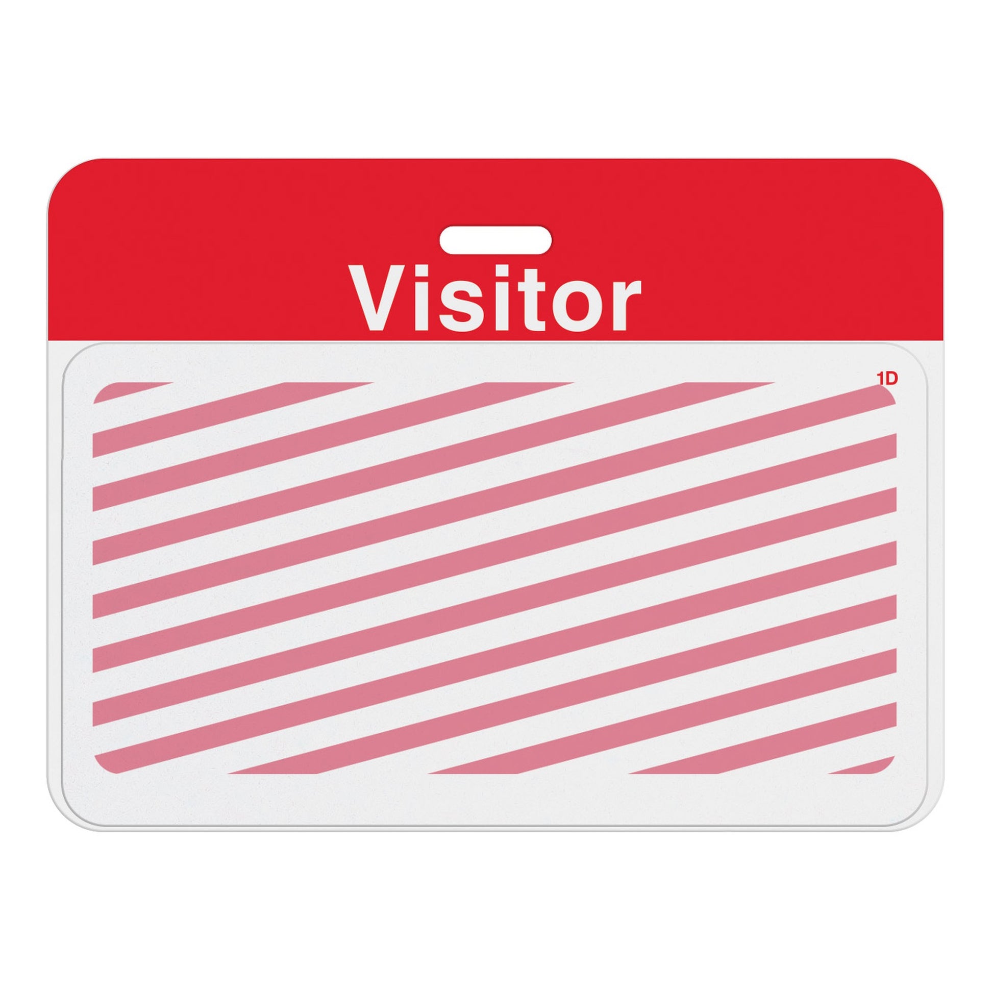 Expired large one-day expiring badge front T6151L showing red diagonal stripes, assembled on a red VISITOR self-expiring badge back