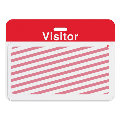 Expired large one-day expiring badge front T6151L showing red diagonal stripes, assembled on a red VISITOR self-expiring badge back