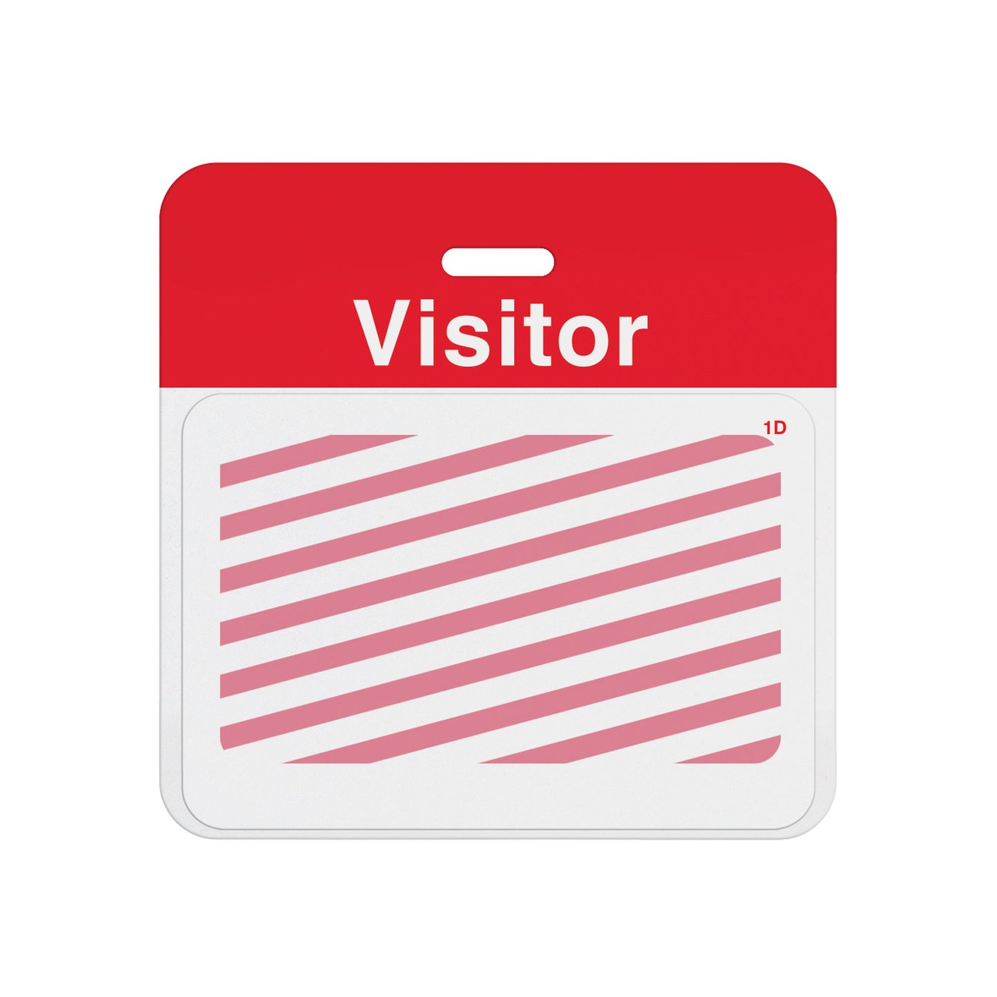 Expired one-day expiring badge front showing red diagonal stripes, assembled on a red VISITOR self-expiring badge back, showing the T6151-BQL printed design