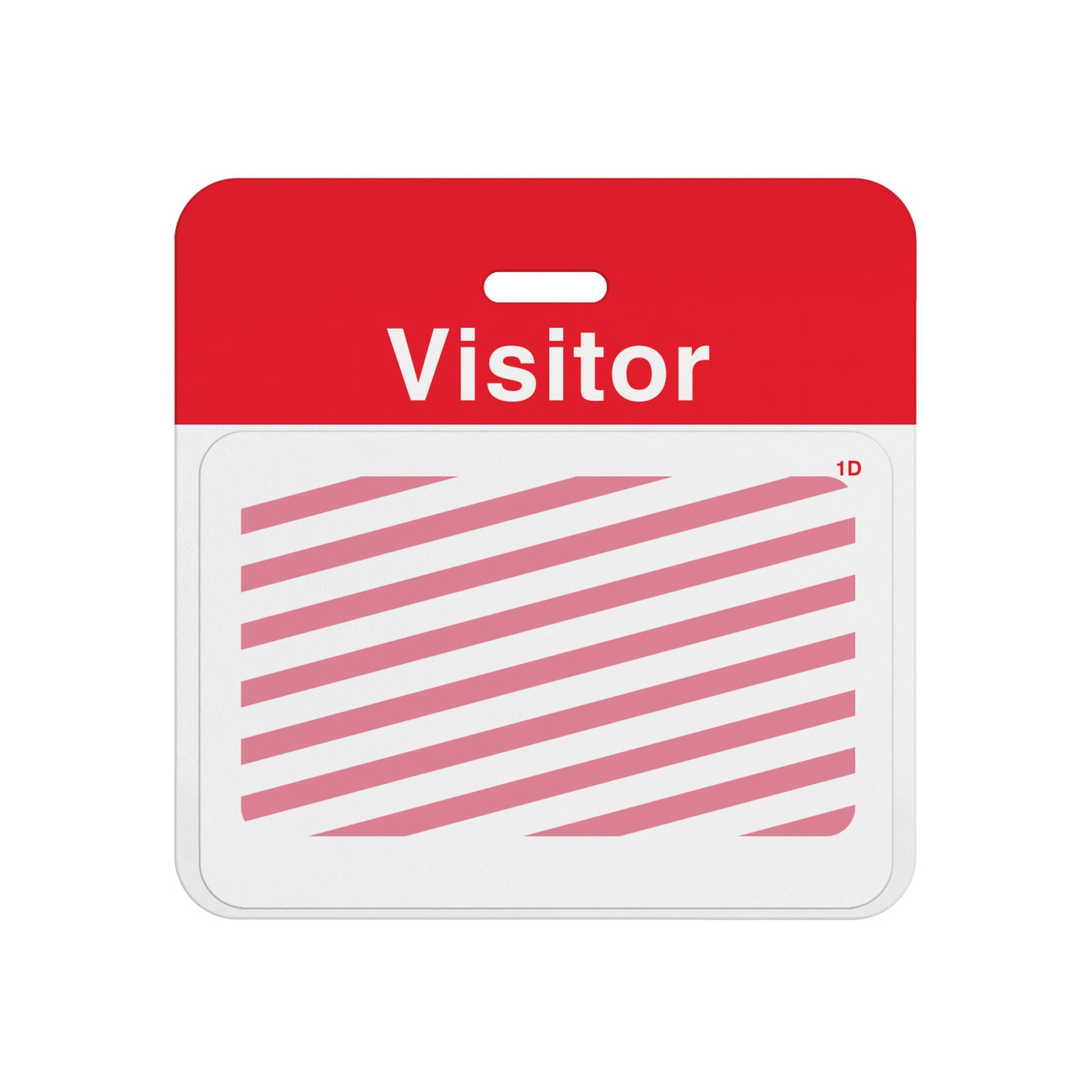 Expired one-day expiring badge front showing red diagonal stripes, assembled on a red VISITOR self-expiring badge back, showing the T6151-BQL printed design