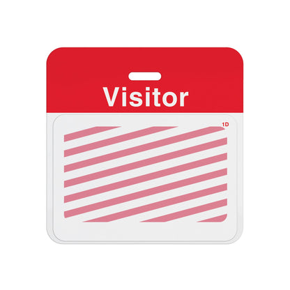 Expired one-day expiring badge front showing red diagonal stripes, assembled on a red VISITOR self-expiring badge back, showing the T6151-BQL printed design