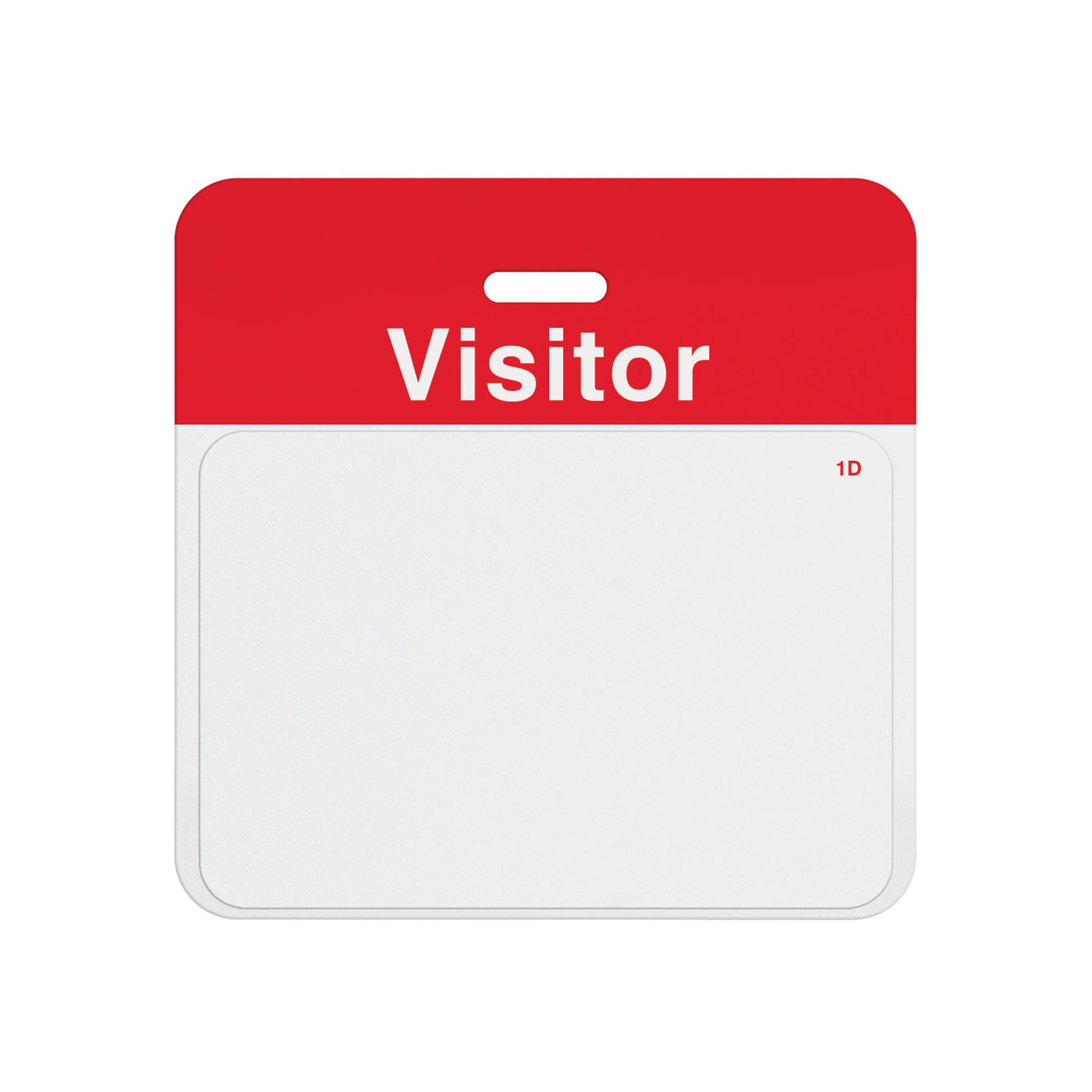 Valid one-day expiring badge front assembled on a red VISITOR self-expiring badge back, showing the T6151-BQL printed design