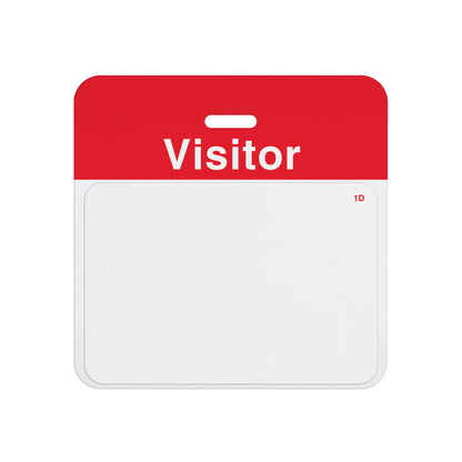 Valid one-day expiring badge front assembled on a red VISITOR self-expiring badge back, showing the T6151-BQL printed design