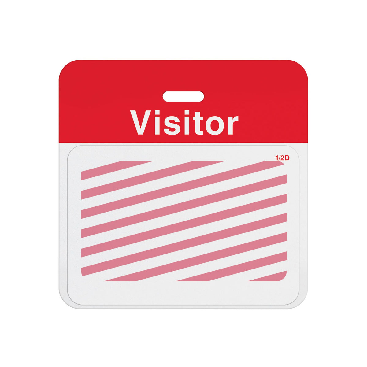 Expired half-day expiring badge front T6451 showing red diagonal stripes, assembled on a red VISITOR self-expiring badge back
