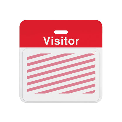Expired half-day expiring badge front T6451 showing red diagonal stripes, assembled on a red VISITOR self-expiring badge back