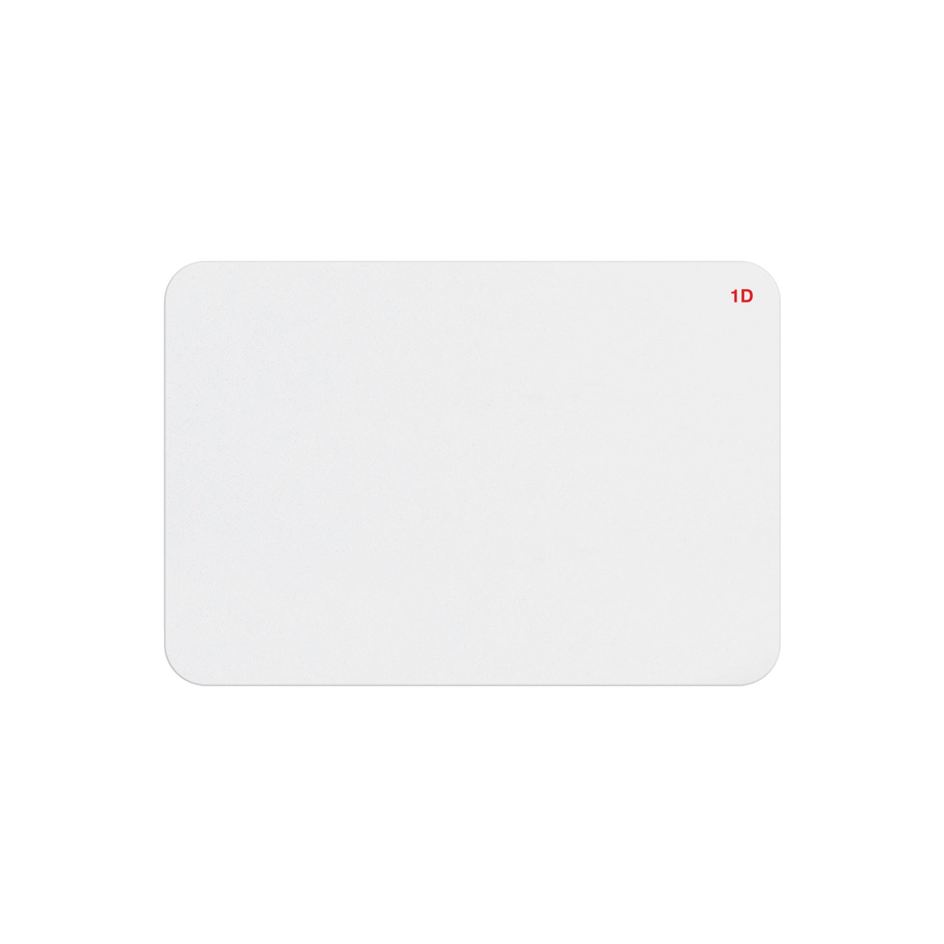 Blank white thermal-printable one-day expiring badge front with red 1D indicator in the corner, same printed design as part T6151-BQL