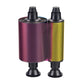 Two spools of Evolis R3314 Full Color YMCKOK Ribbon - 200 Prints, each on black plastic holders, one with a vibrant magenta color and the other with a bright yellow color. Ideal for full-color printing of ID badges. Sold by Specialist ID, an authorized Evolis dealer.