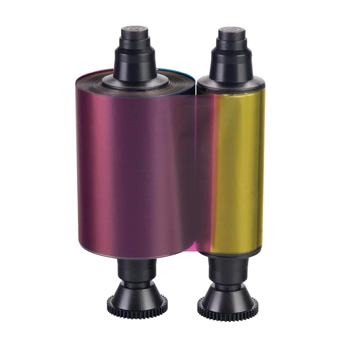 Two spools of Evolis R3314 Full Color YMCKOK Ribbon - 200 Prints, each on black plastic holders, one with a vibrant magenta color and the other with a bright yellow color. Ideal for full-color printing of ID badges. Sold by Specialist ID, an authorized Evolis dealer.