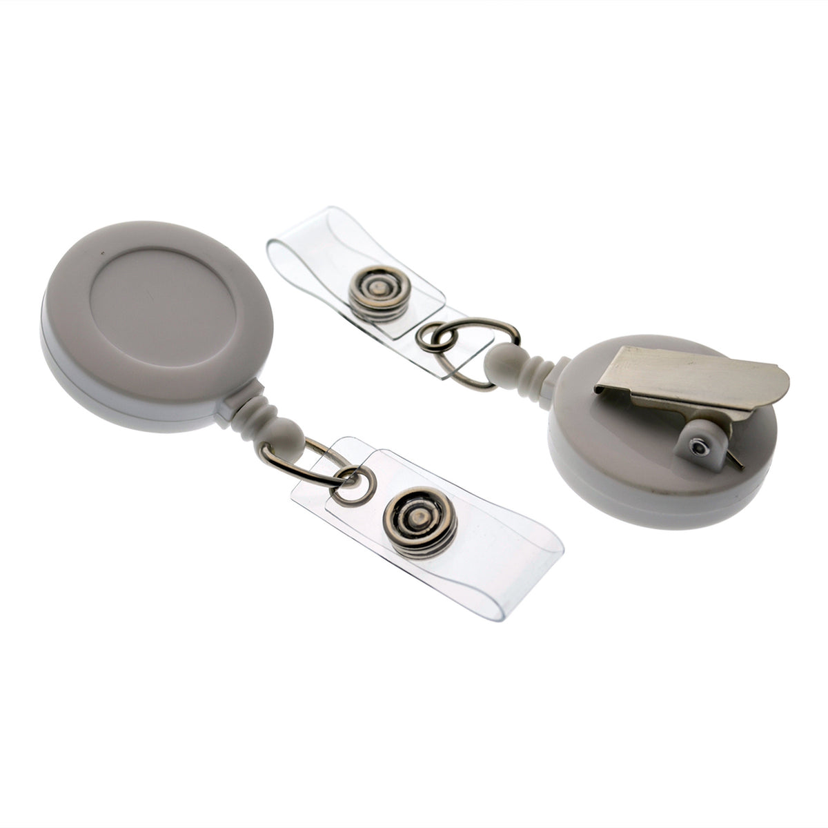 White retractable badge reel shown front and back with non-swiveling spring clip.