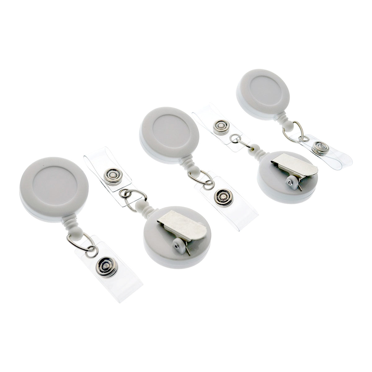 White retractable badge reels shown from front, back, and spring-clip angles.