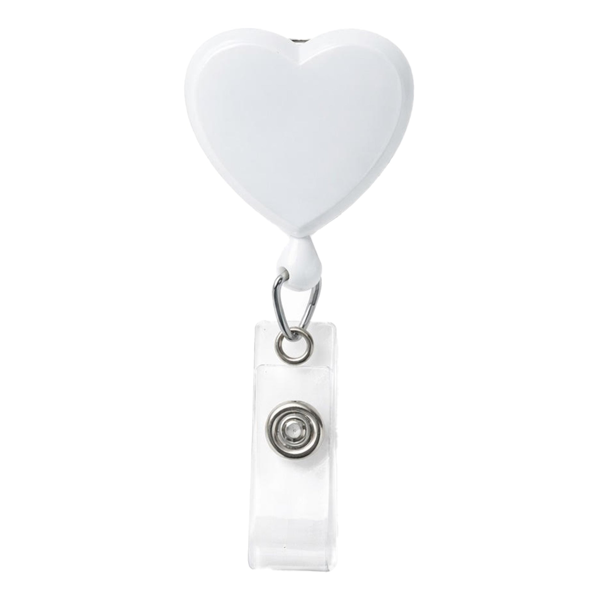 The Heart Shaped Badge Reel With Rotating Spring Clip (P/N 2120-761X) features a white, heart-shaped design, clear plastic strap, and metal snap—ideal as a nurse badge holder for work or everyday use.