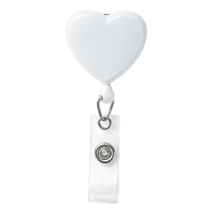 The Heart Shaped Badge Reel With Rotating Spring Clip (P/N 2120-761X) features a white, heart-shaped design, clear plastic strap, and metal snap—ideal as a nurse badge holder for work or everyday use.