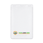 Clear XL46V badge holder with a compact horizontal Your Logo Here shield and wordmark along the bottom.