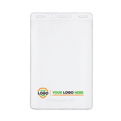 Clear XL46V badge holder with a compact horizontal Your Logo Here shield and wordmark along the bottom.
