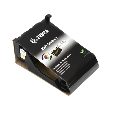 A Zebra 800011-101 Monochrome Black Ribbon - 1000 Prints, Compatible with ZXP Series 1 ID Card Printer, shown in its sleek black packaging box, designed to deliver vibrant monochrome printing.