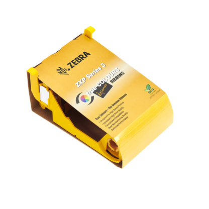 Yellow and black Zebra 800033-848 YMCKOK Color Ribbon - 165 Prints for card printers, featuring True Colours and eco-friendly logo, is ideal for full-color printing with the ZXP Series 3 ID card printer.