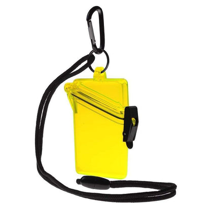 A Witz See It Safe Waterproof ID Badge Holder (P/N 004) made from crush resistant plastic, featuring a black neck lanyard and carabiner clip attachment.