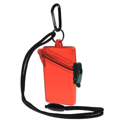A red Witz See It Safe Waterproof ID Badge Holder (P/N 004) made from crush resistant plastic with a black locking mechanism, attached to a black neck lanyard and clip.