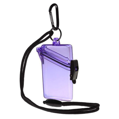 The Witz See It Safe Waterproof ID Badge Holder (P/N 004), crafted from crush-resistant purple plastic, features a black latch and carabiner clip, all securely attached to a black neck lanyard.