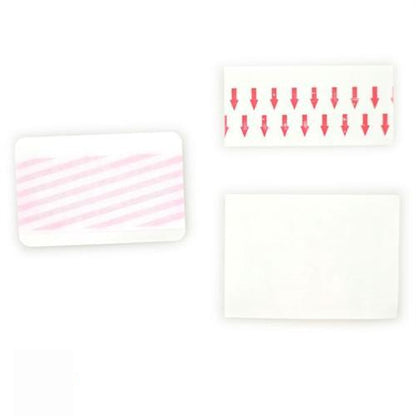 Three adhesive patches with different designs: the top left features diagonal pink stripes, the top right has red arrows pointing downward, and the bottom one is plain white. These could also function as One Step Manually-Issued Self-Expiring Badges, Box of 500 (P/N T200X) for visitor identification.