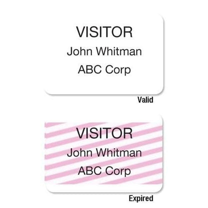 Two visitor badges for John Whitman from ABC Corp. The top badge is valid, printed using One-Step One Day Thermal Printable Self-Expiring Visitor Badges, Box of 500 (T2011). The bottom badge has red and white stripes indicating it is expired, showcasing the efficacy of One-Step One Day Thermal Printable Self-Expiring Visitor Badges, Box of 500 (T2011) within our robust visitor management system.